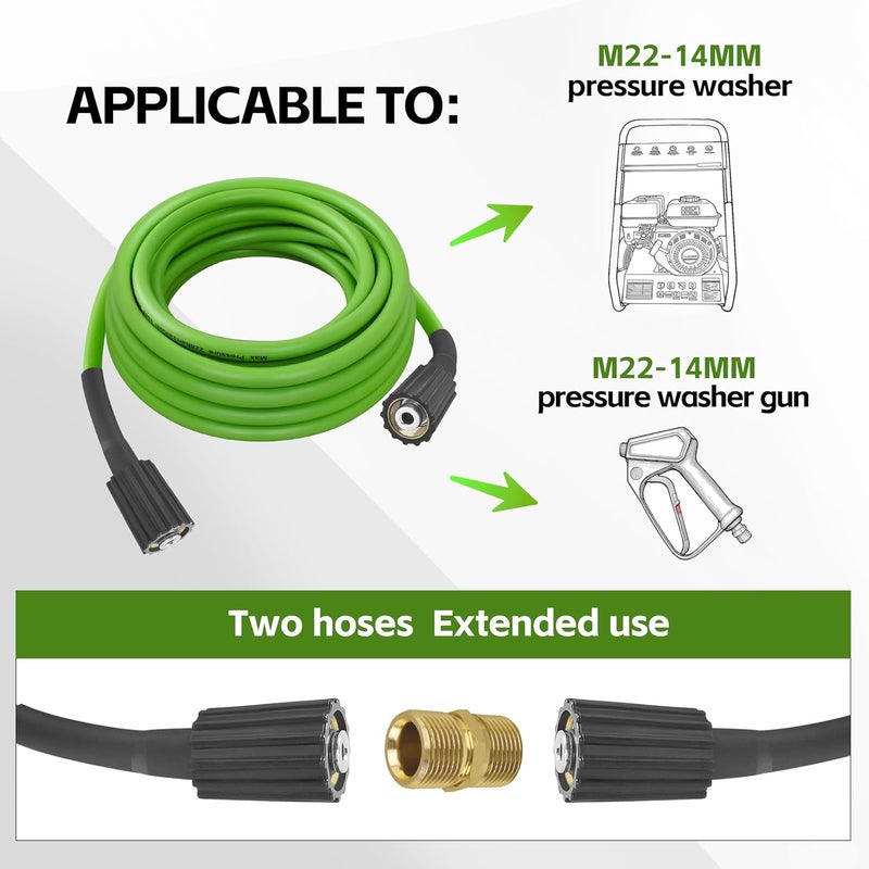 FSQLB Universal Pressure Washer Hose for Greenworks Power Washer 3300 PSI ，Replacement 5200402 for Greenworks Ryobi Electric Power Wash Hose with M22/14 Fittings (25 FT Green) - Image 3